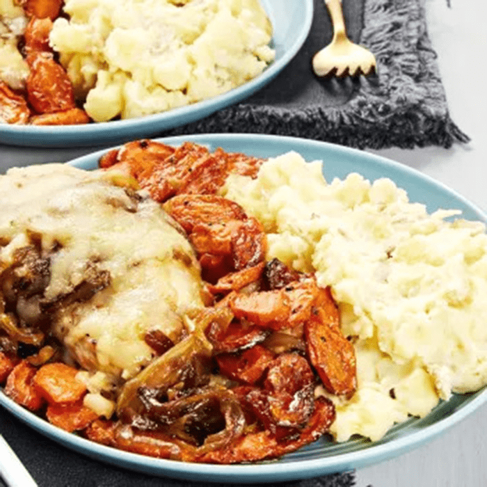 French Onion Chicken with Roasted Carrots & Mashed Potatoes recipe image